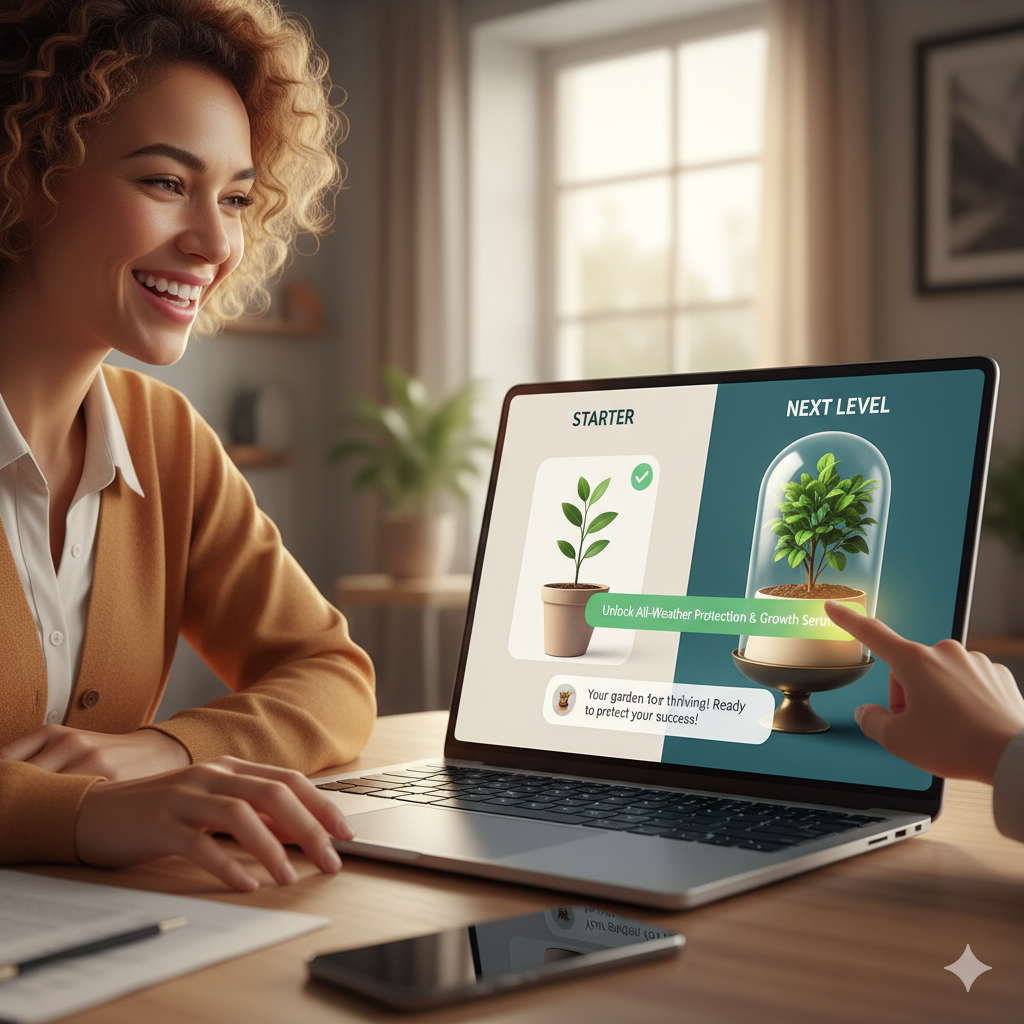 To visualize the "next level" upgrade concept, like the garden example, showing a clear, beneficial choice