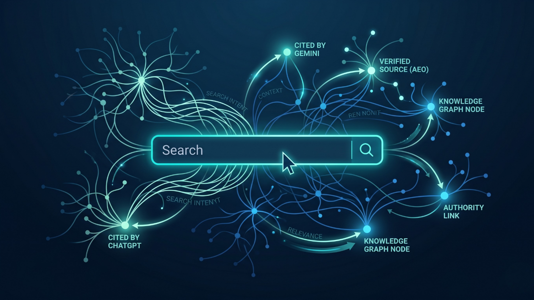 Conceptual illustration of AI search engine connections and data citations.