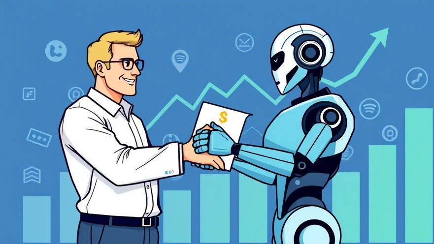 A publisher shaking hands with an AI robot over a contract, with rising revenue graphs.
