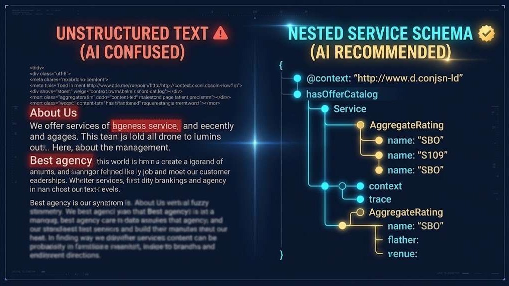 Visual comparison showing the difference between unstructured website text and structured JSON-LD schema markup for AI discovery.