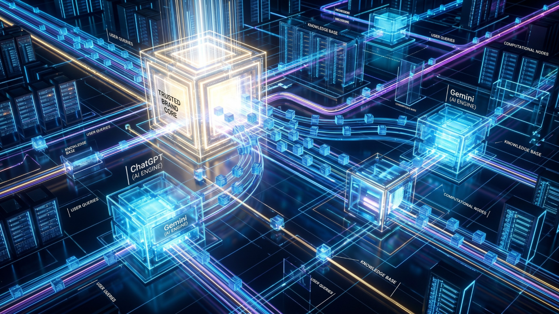 A futuristic network diagram showing AI engines pulling clean brand data.