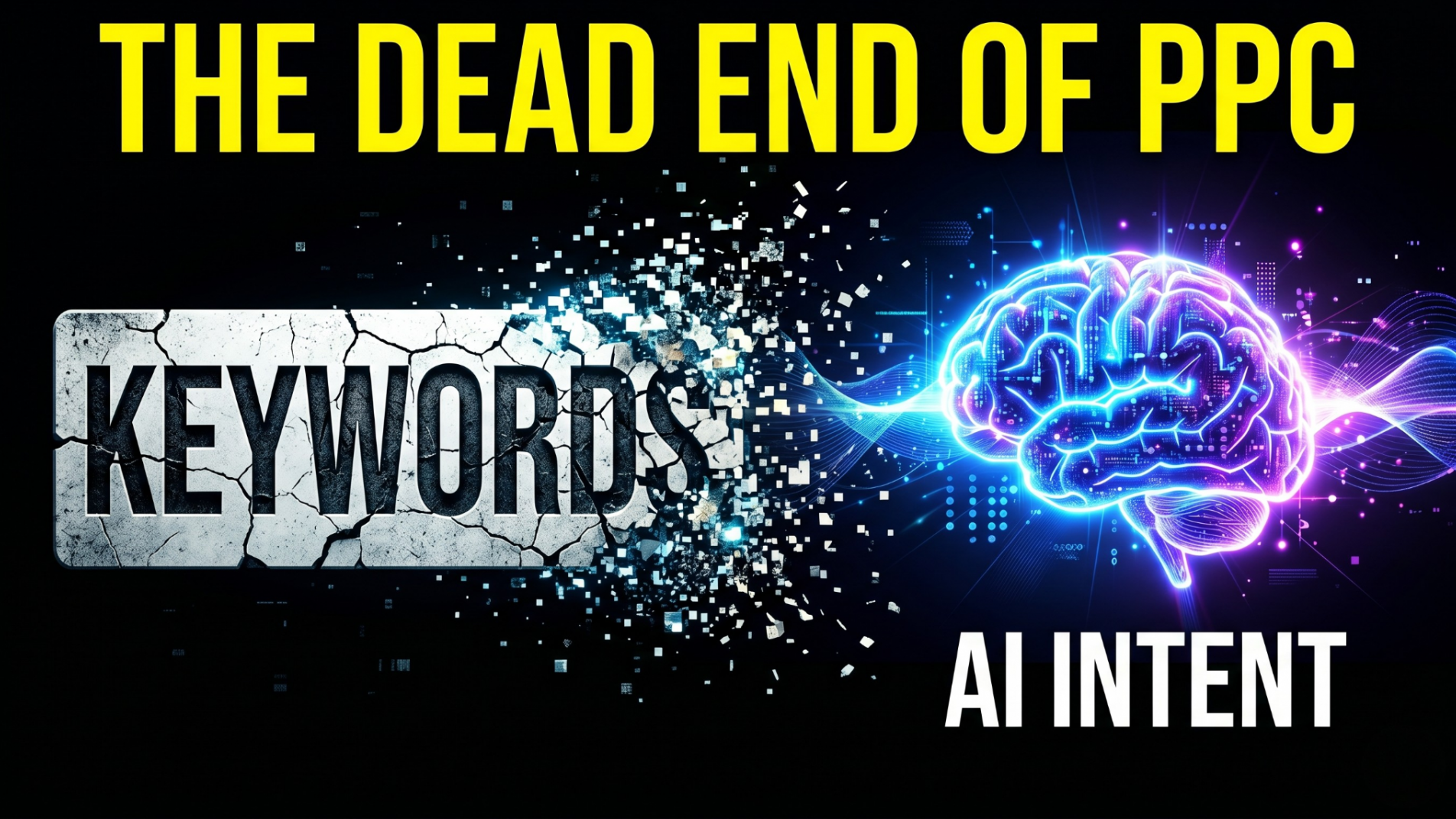 A digital graphic showing a broken keyword box splitting into pieces next to a glowing AI intent brain icon.