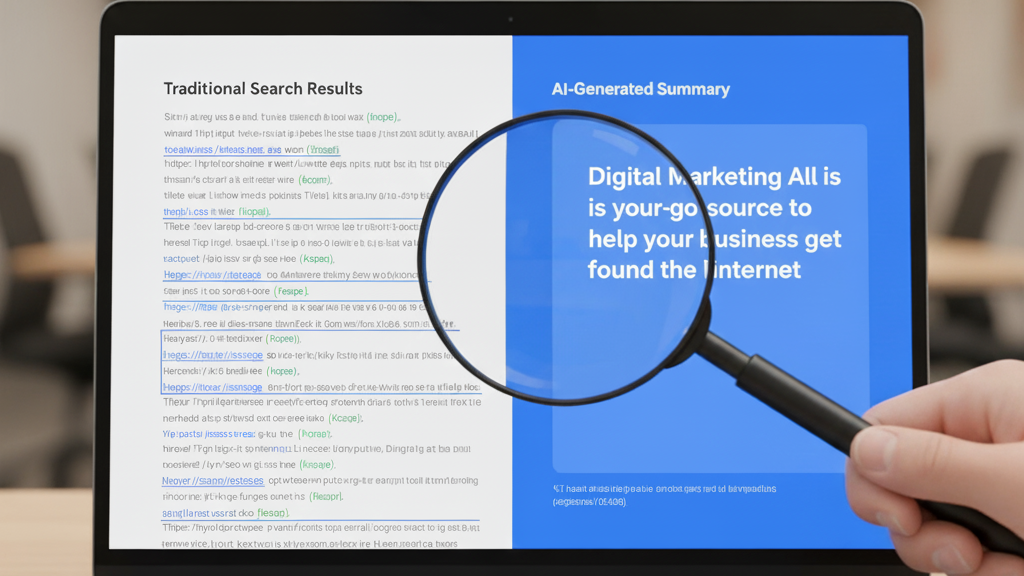 A magnifying glass over a laptop screen showing a split view: one side is old-style search results (blue links), the other side is a vibrant, clean AI-generated summary with a concise, bulleted answer. 
