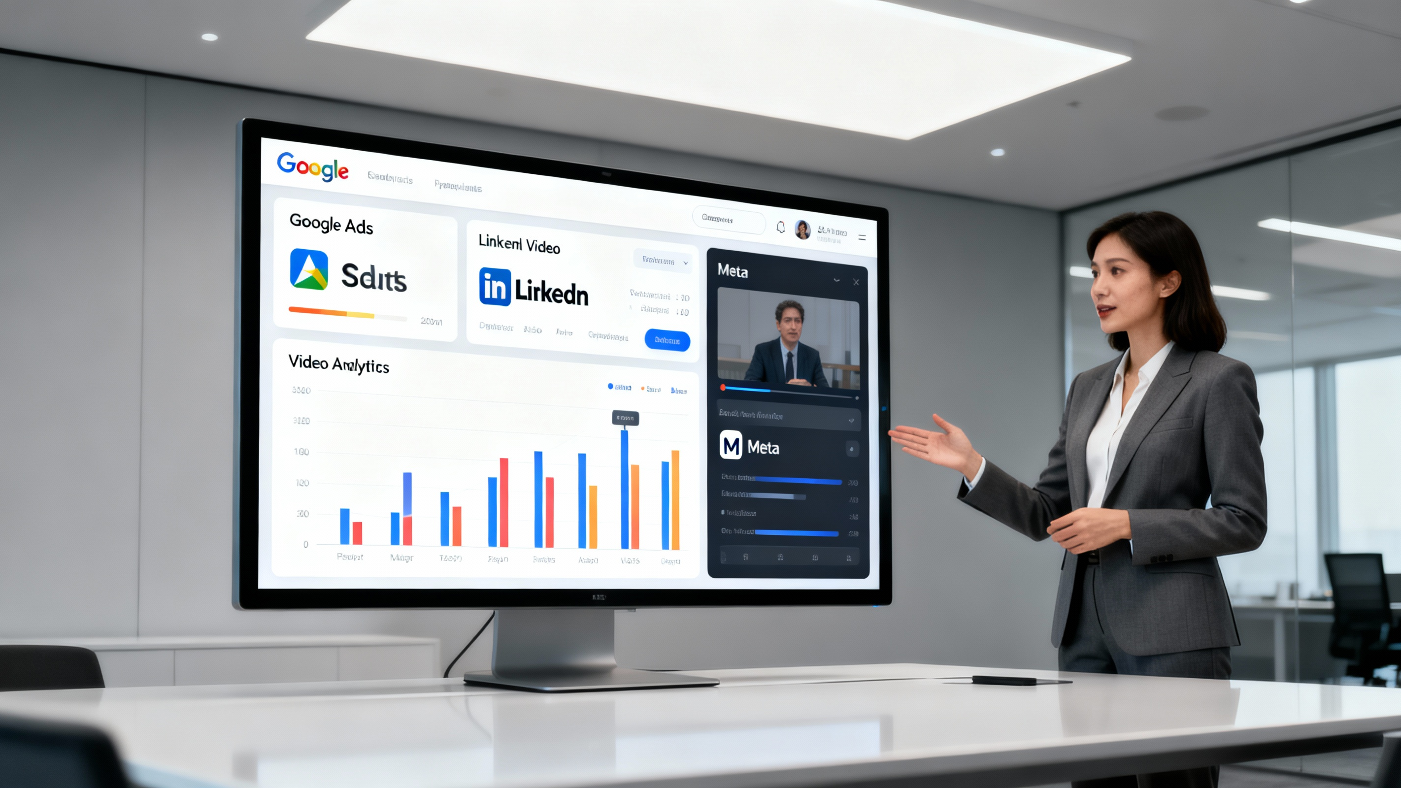 Businesswoman presenting results from Google Ads, LinkedIn video analytics, Meta panel;