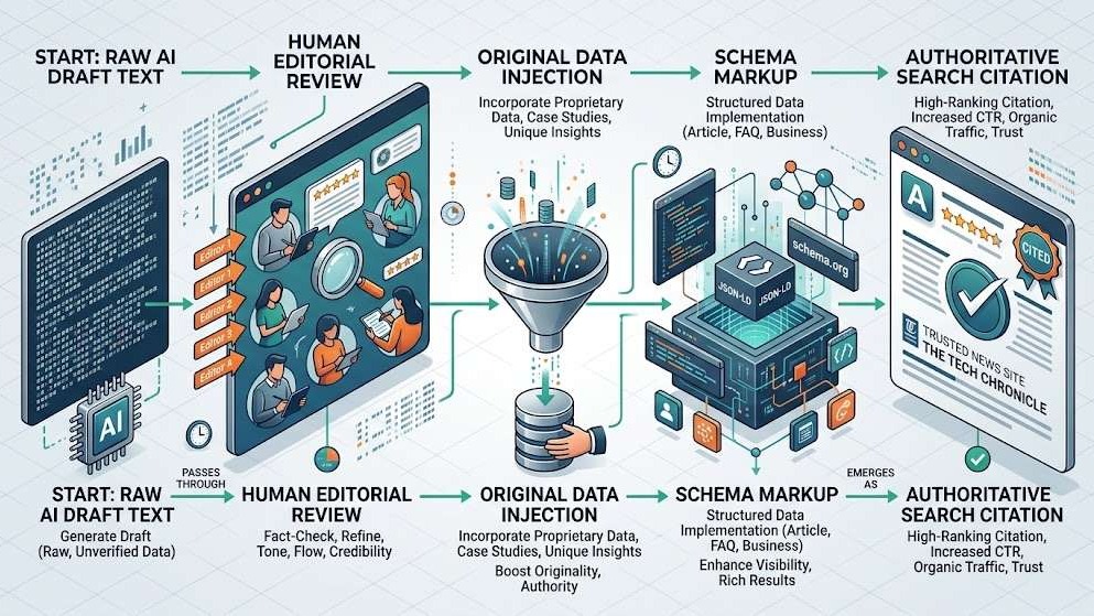 Flowchart illustrating how human editorial quality gates turn raw AI content into high-ranking search assets.