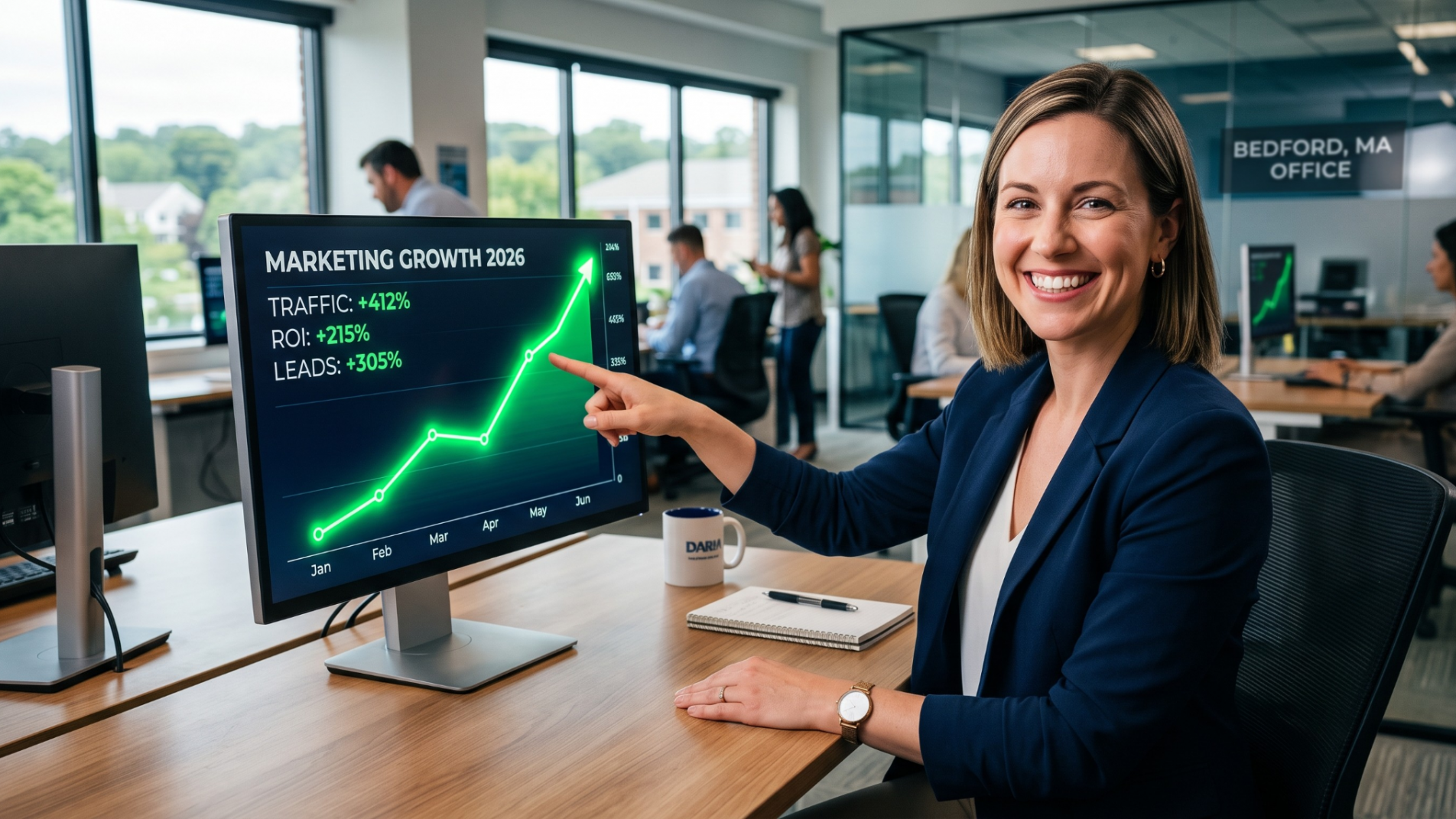 Marketing analyst pointing at an upward trending traffic graph on a computer screen.