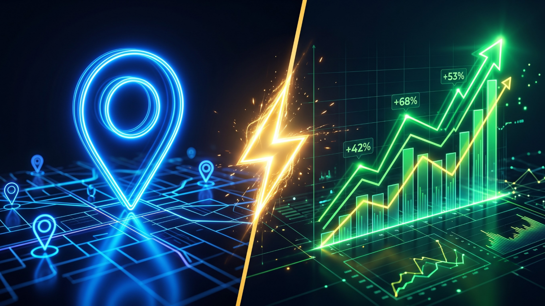 A glowing Google Maps pin icon connected by a gold lightning bolt to a rising GA4 data chart on a dark background.