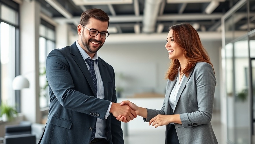 Confident businessperson shakes hands with happy customer in modern office, symbolizing trust.
