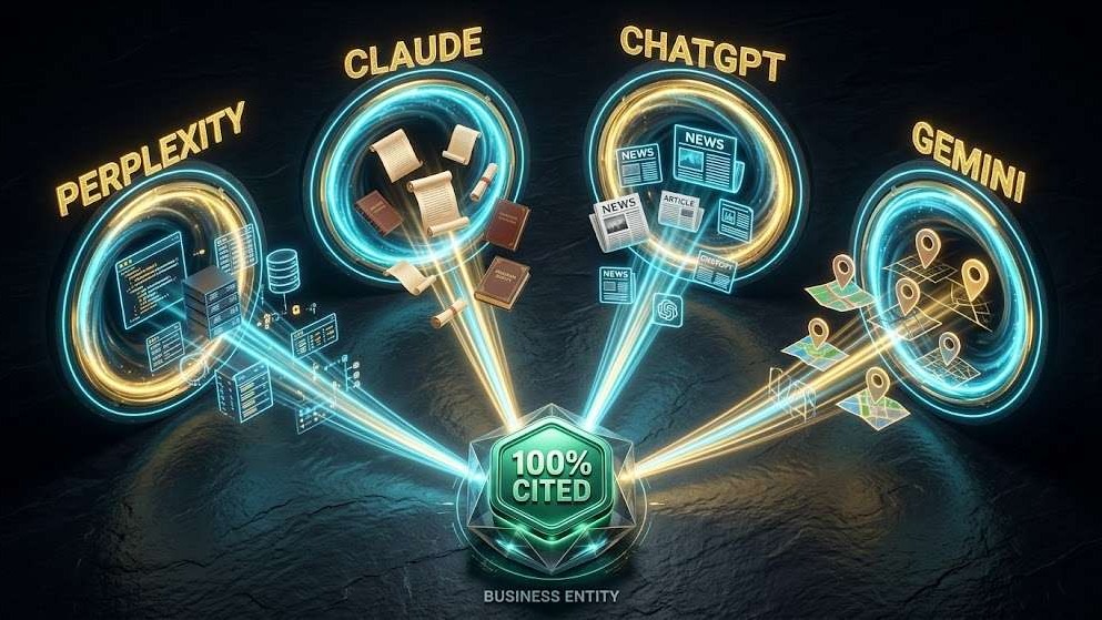 3D commercial graphic illustrating the Engine Bias Matrix and source selection differences across Claude, ChatGPT, Perplexity, and Gemini.