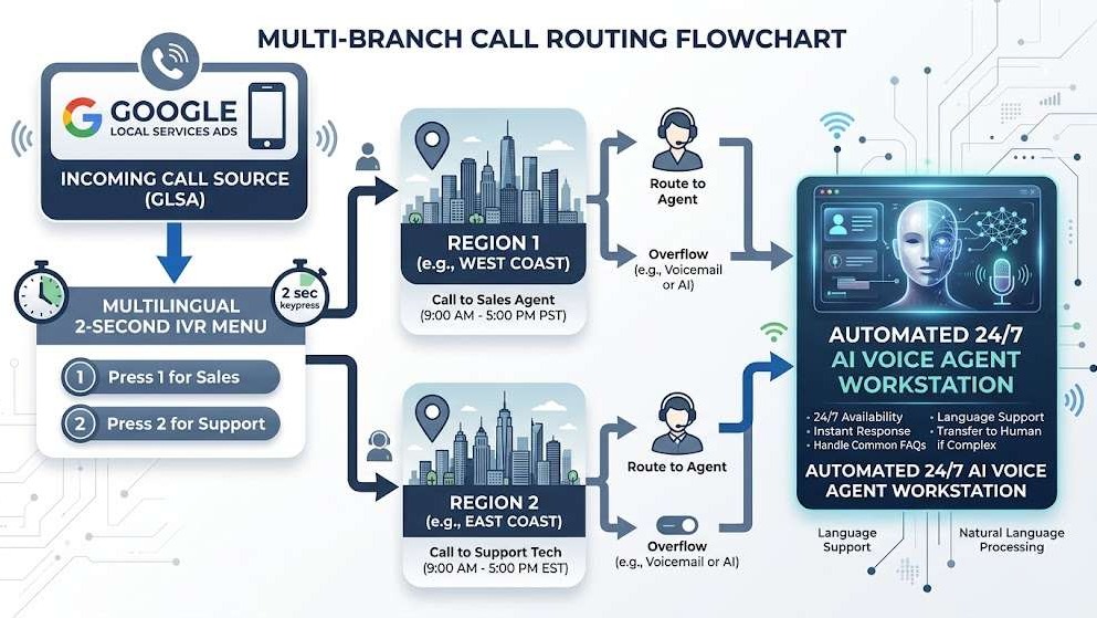 Flowchart illustrating multi-branch IVR keypress routing and backup AI answering for Google Local Services Ads.