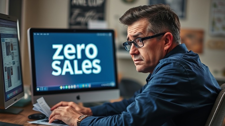 Frustrated business owner facing zero sales on computer, crumpled ads around.