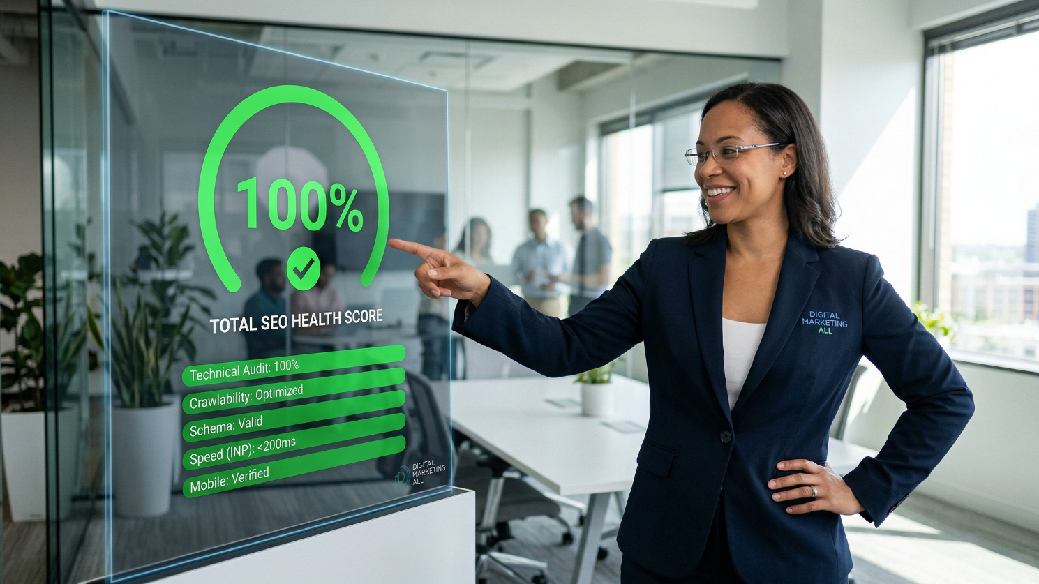 A friendly Digital Marketing All consultant pointing at a large holographic screen showing a 100% SEO health score, professional office setting.
