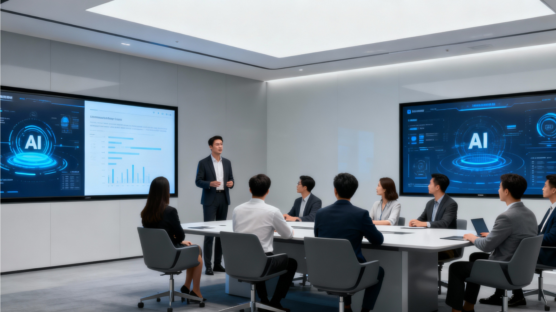 business leader presenting AI-powered marketing strategy to diverse team in a sleek conference room with large digital screens