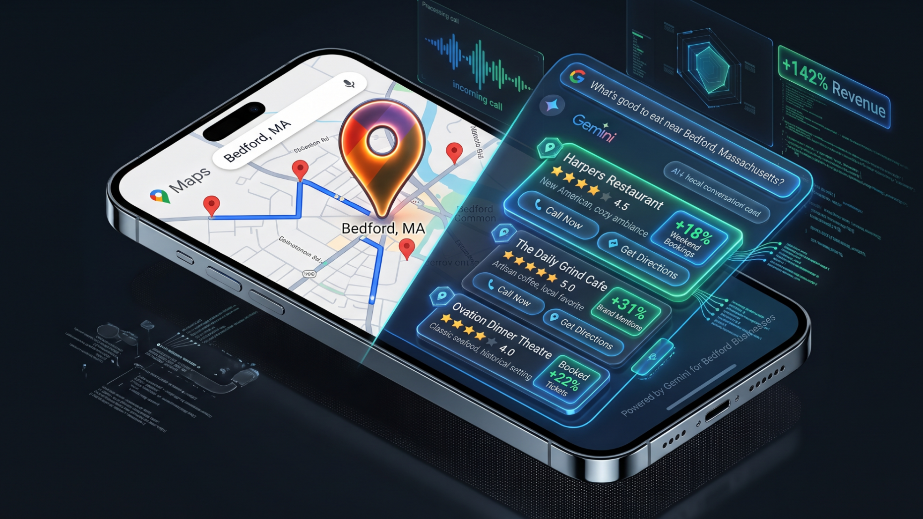 3D visualization of Google Maps transitioning into AI search packs on a mobile interface.