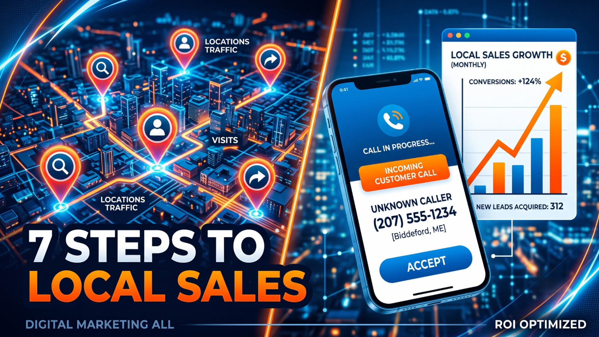 Infographic style thumbnail showing a digital city map with target pins and a phone showing an incoming customer call.