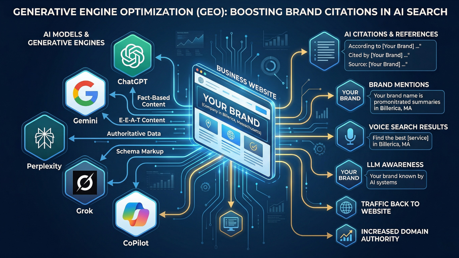 Diagram showing Generative Engine Optimization GEO connecting a business website to AI models like ChatGPT and Gemini to increase brand mentions and citations.