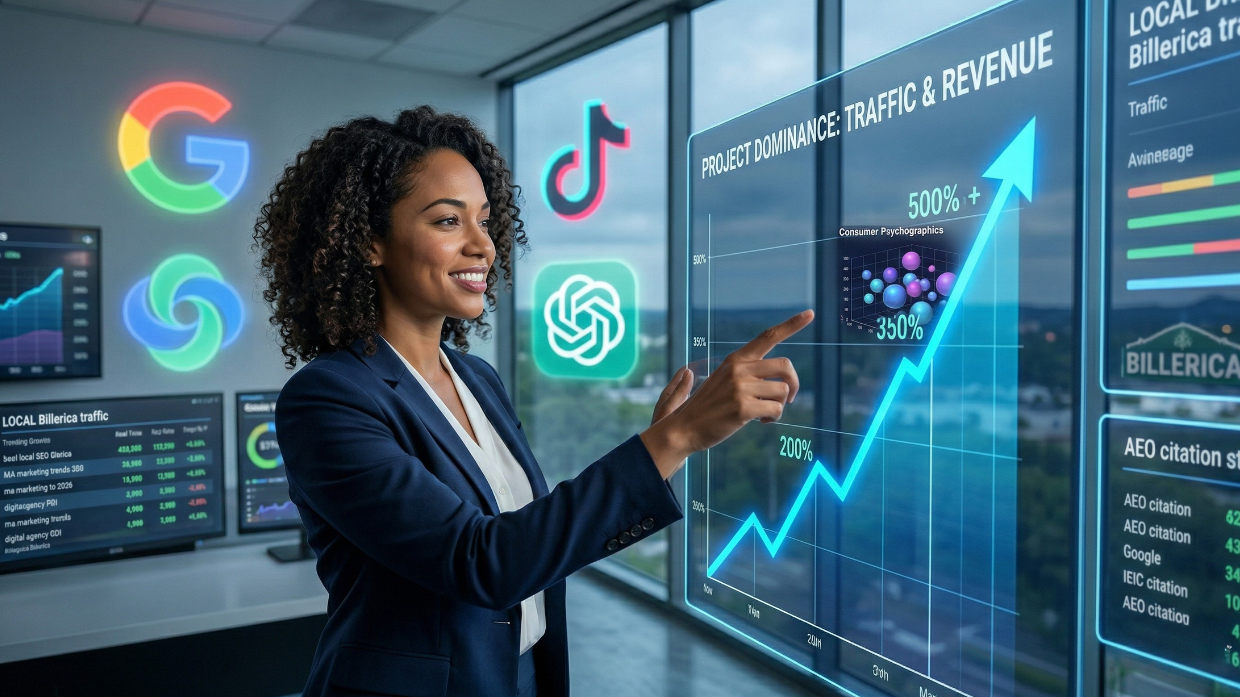 A professional marketer pointing at a growth chart that is skyrocketing, with logos of Google, TikTok, and ChatGPT in the background.