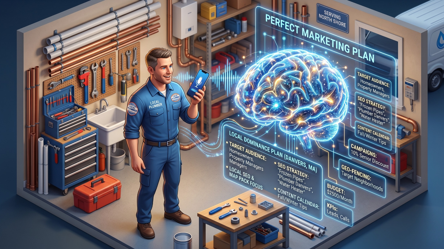 A clean, modern office desk with a microphone and a "Digital Marketing All" plaque, showing a holographic chart of rising ROI.