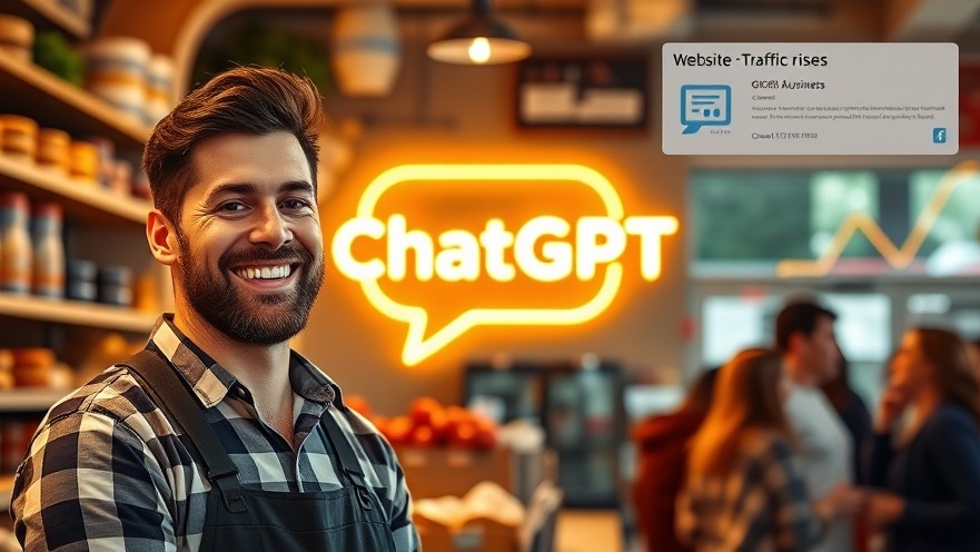 Smiling baker in shop with ChatGPT logo and rising traffic graphs, showcasing AI search optimization.