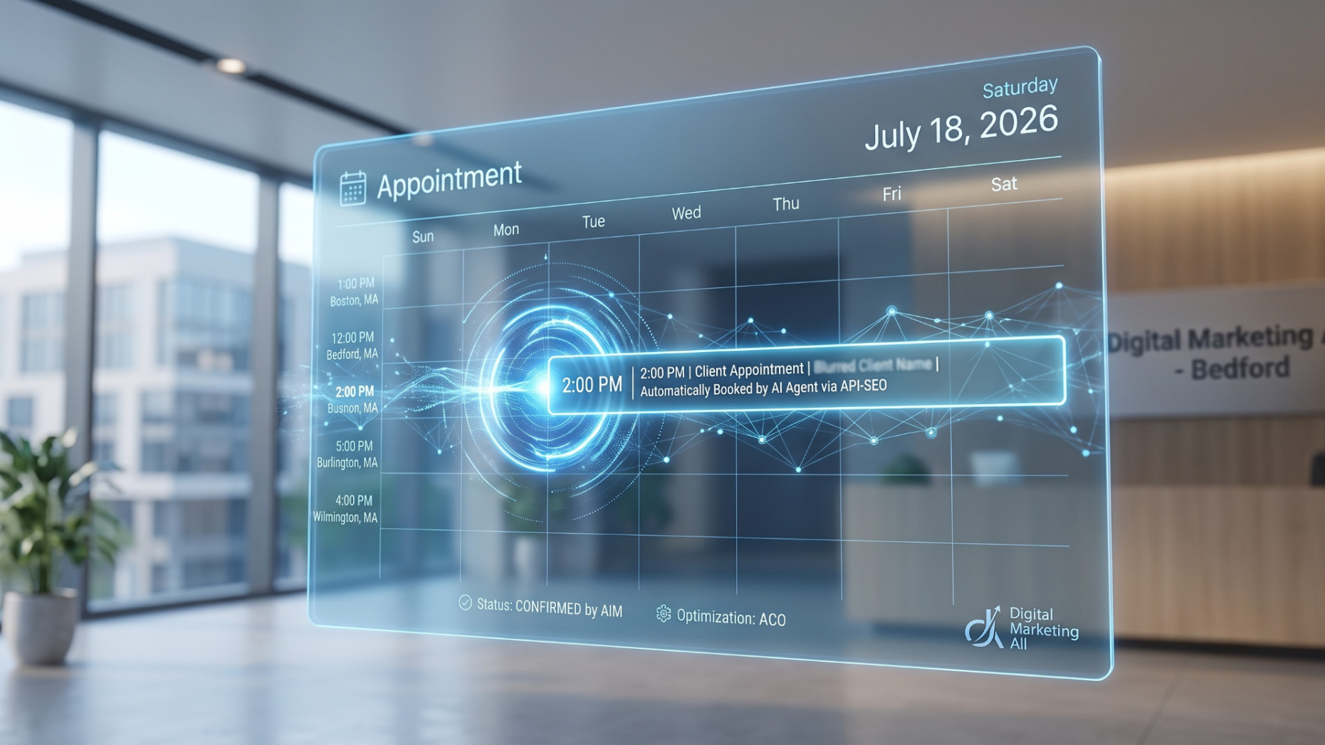 Autonomous AI agent booking an appointment on a digital calendar.
