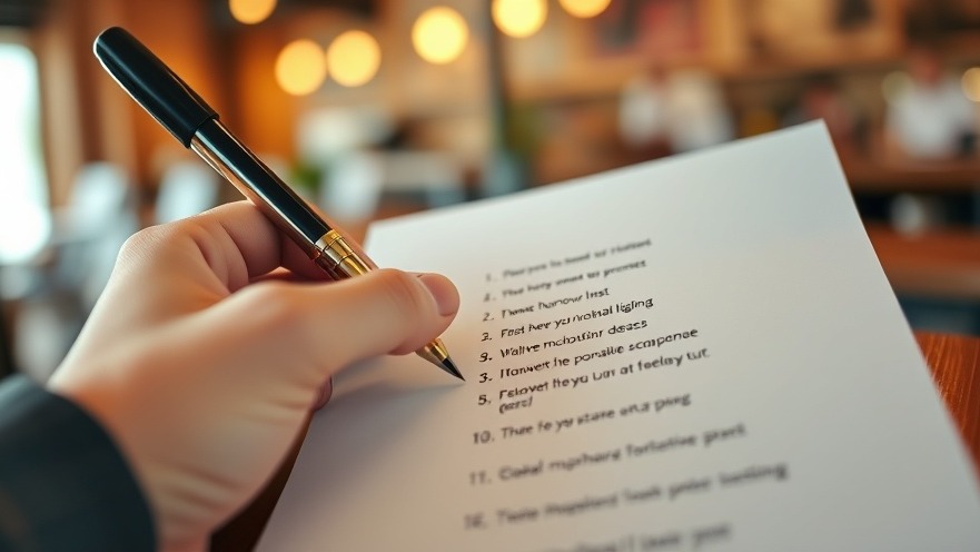 A hand using a fountain pen to create a structured listicle in a cozy cafe.