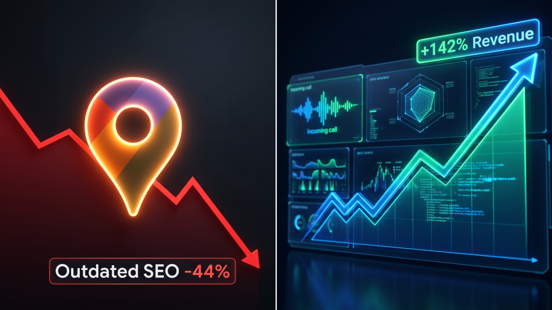 High-converting split graphic comparing falling revenue from outdated local SEO against rapid growth with AI local map optimization.