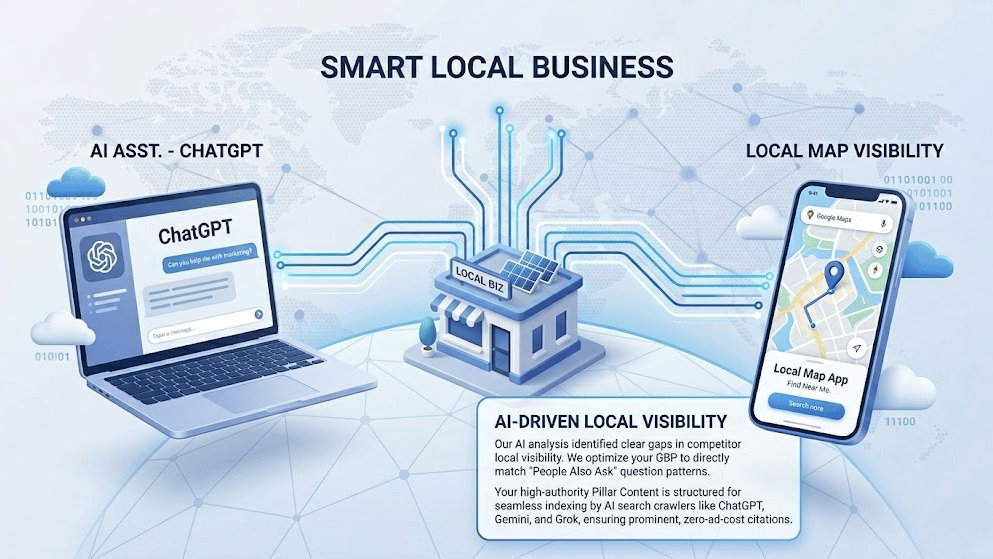 Infographic showing local business data connecting to AI engines and map applications.