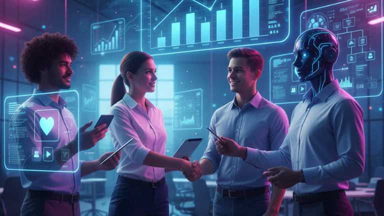 A diverse, professional business team (including a CMO figure, an AI specialist, an influencer, and an analyst) shaking hands with determined expressions around a futuristic, upward-trending digital dashboard. The image signifies the successful and necessary restructuring of a marketing team for a social-first world, emphasizing expert collaboration, data analysis, and adoption of AI strategy to drive business growth.