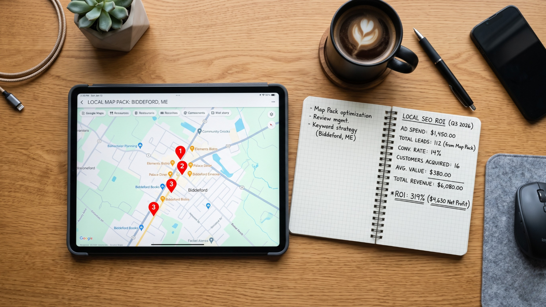 Tablet displaying local search map pack optimization strategies for businesses.