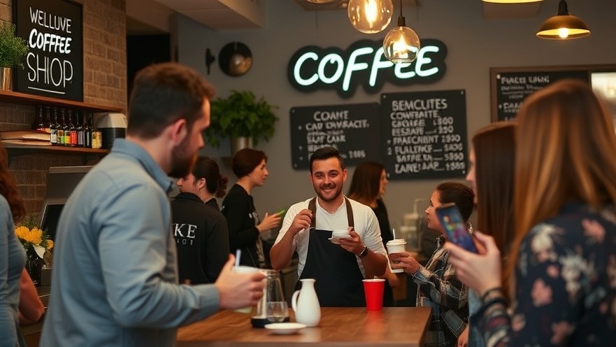 Coffee shop owner hosts pop-up event with customers enjoying drinks and sharing on social media.