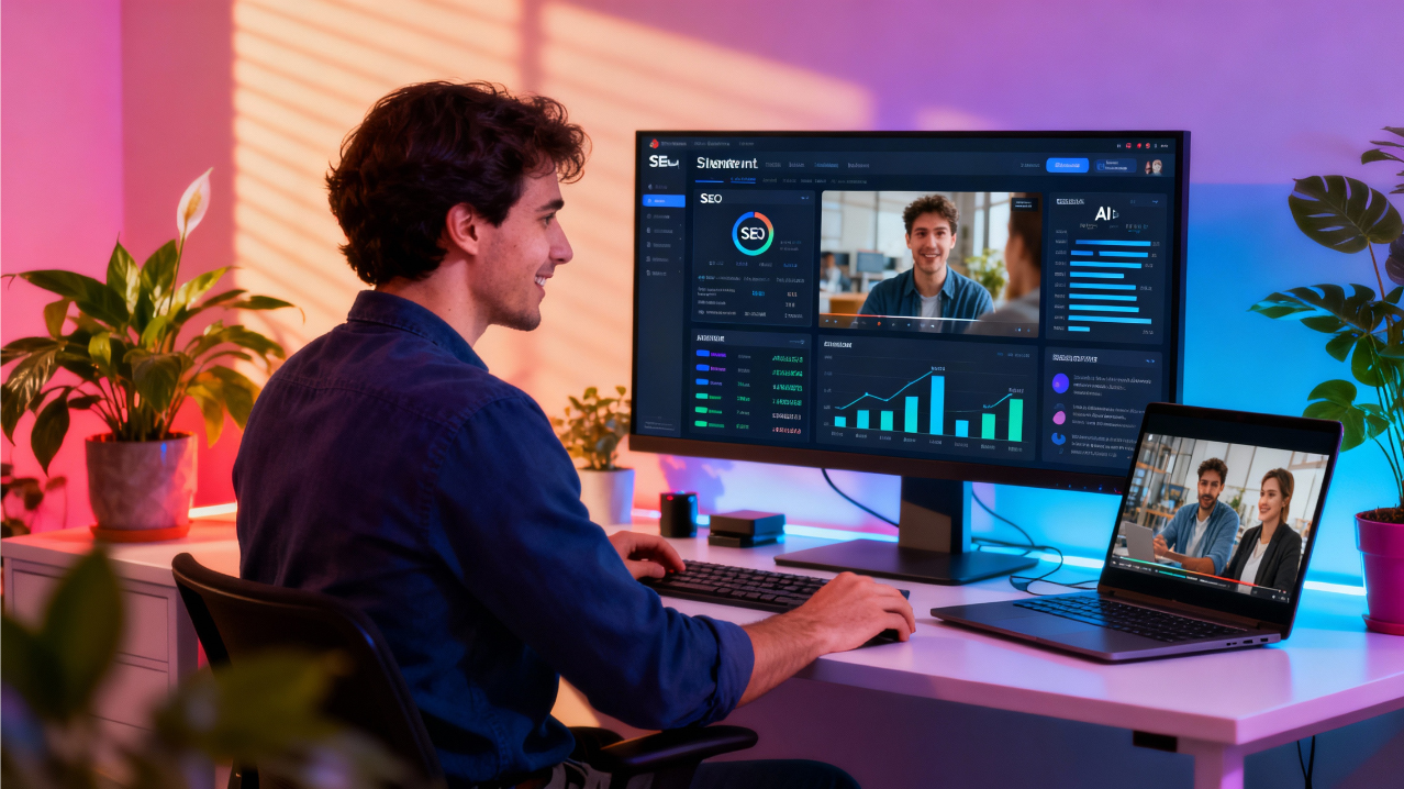 Modern marketer analyzing data trends, digital dashboards, and video content, vibrant workspace, focus on SEO and AI
