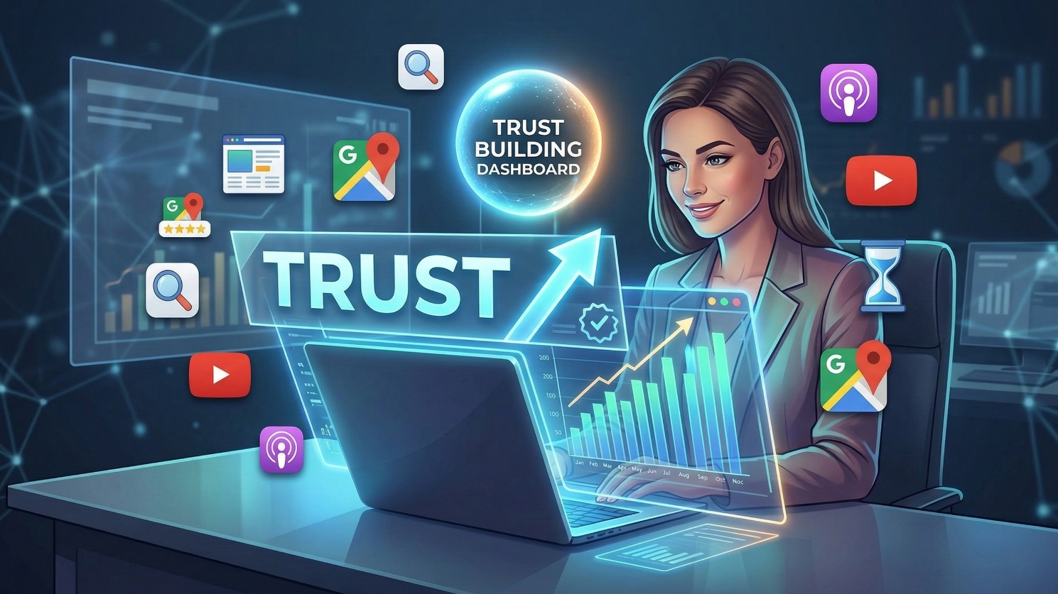 friendly marketer and her success chart, designed in the same luminous digital ecosystem style as the initial infographic.