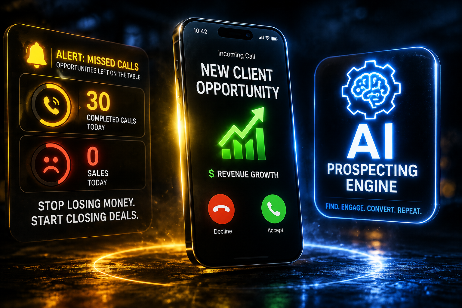 High-converting AI SEO cold calling illustration showing a smartphone connecting to new client revenue.