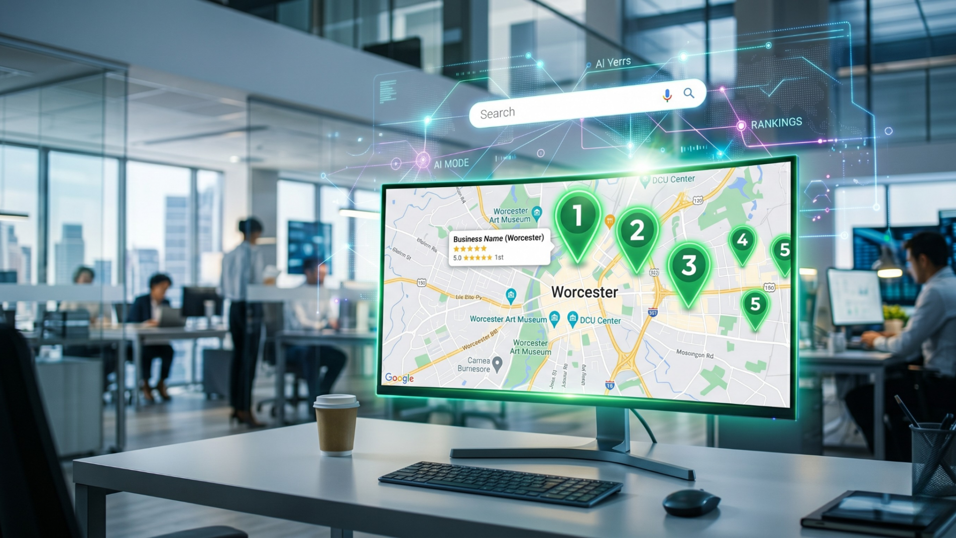 Computer screen showcasing top local search engine map pack results for a local business.