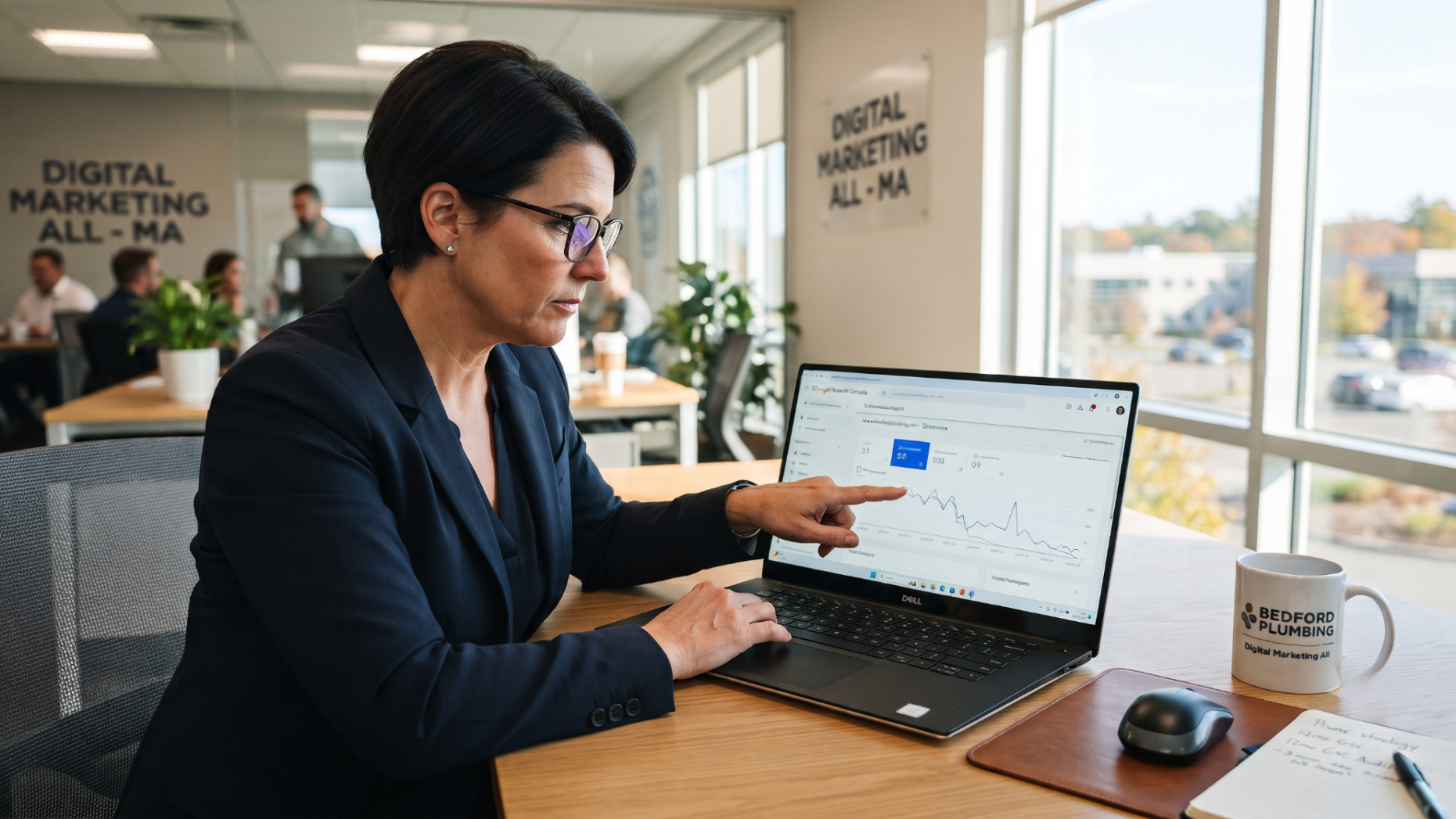 Business owner reviewing search console data in an office.