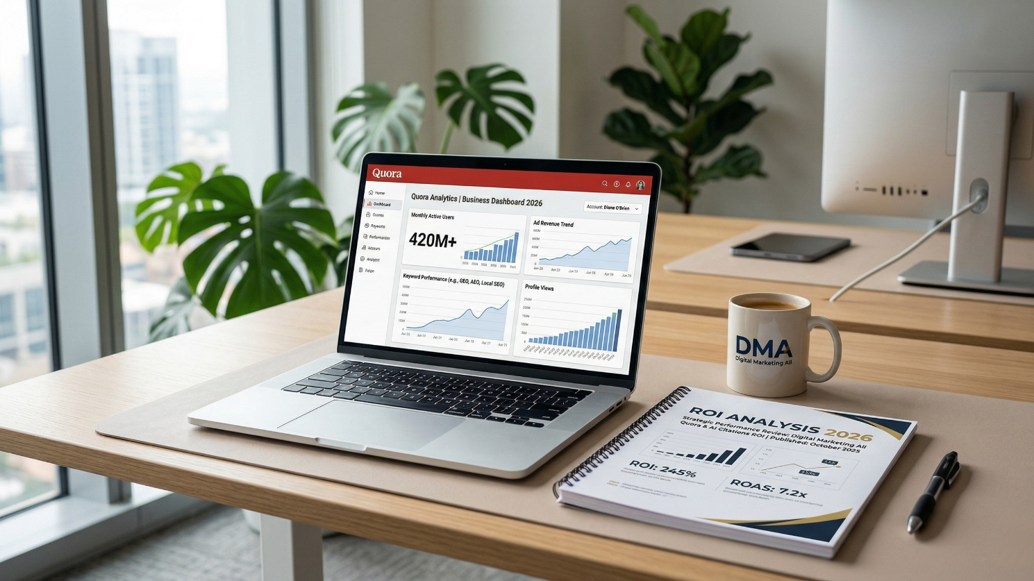 Quora marketing ROI report on a professional desk