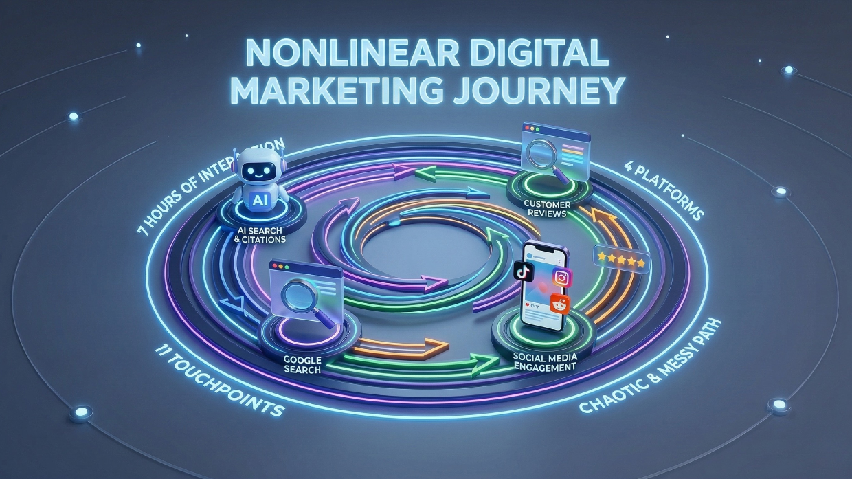 Nonlinear customer journey diagram showing chaotic path between social media, AI search, and purchase.