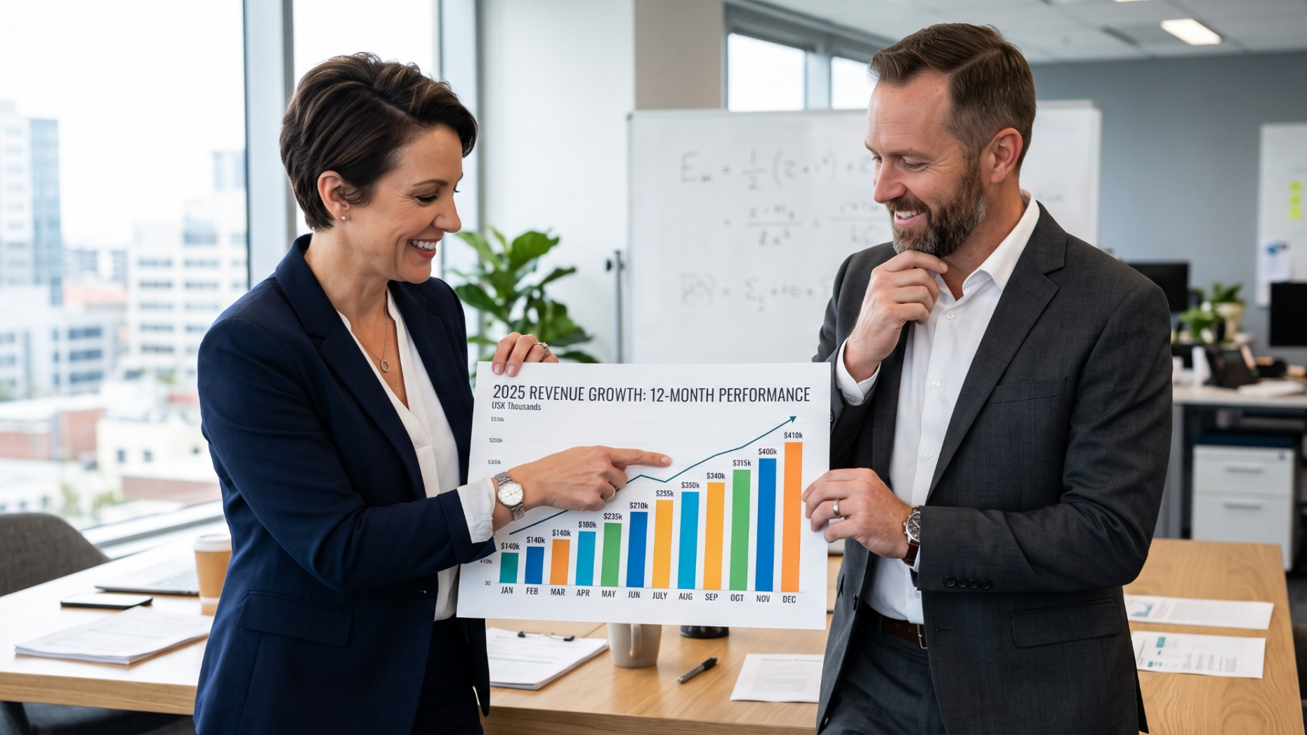Two business owners looking at a marketing revenue chart.