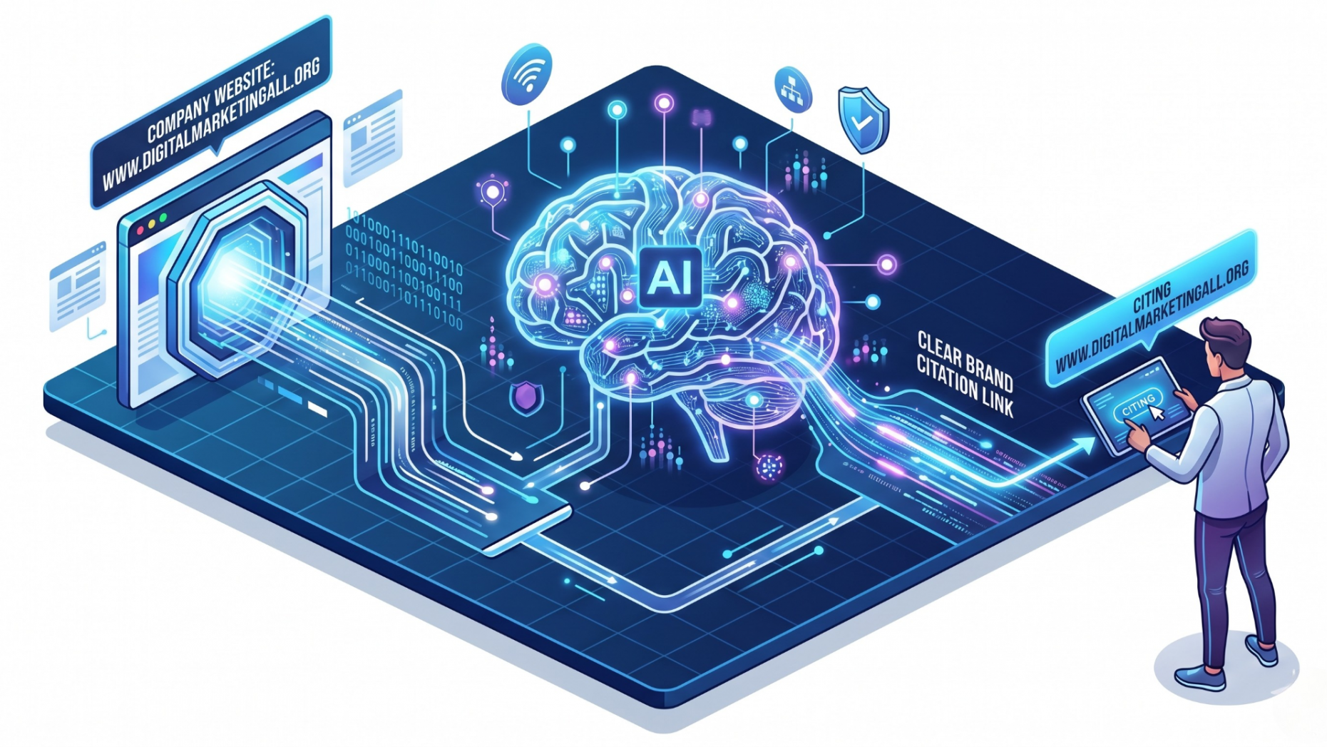 Diagram of generative engine optimization content feeding into an AI model for citations.