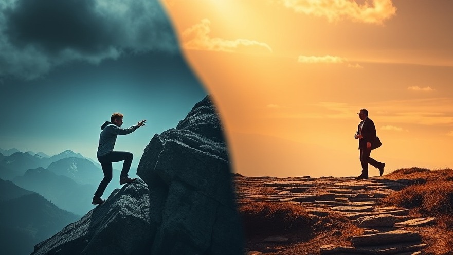 Entrepreneur climbing a mountain of risk and innovation vs. businessman on a stable path.