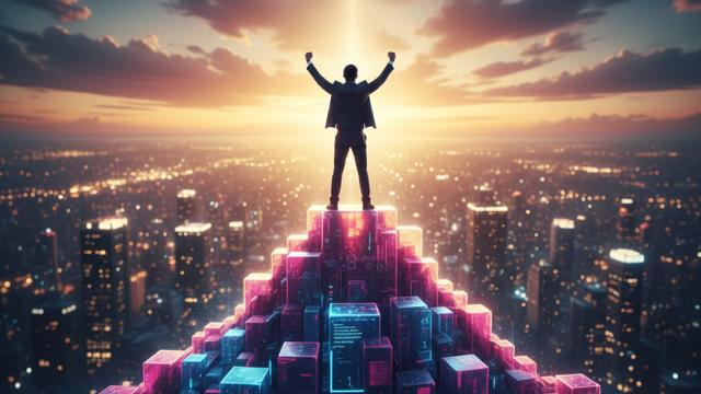 a man on top of all search overlooking a city