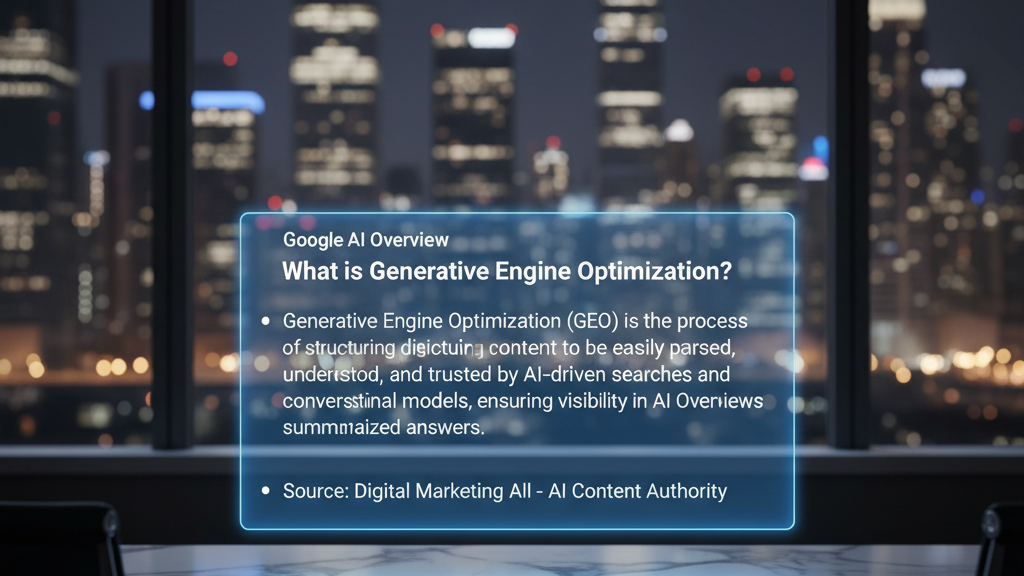 A sleek, minimalist desk with a glowing, holographic search bar showing the Google AI Overview 