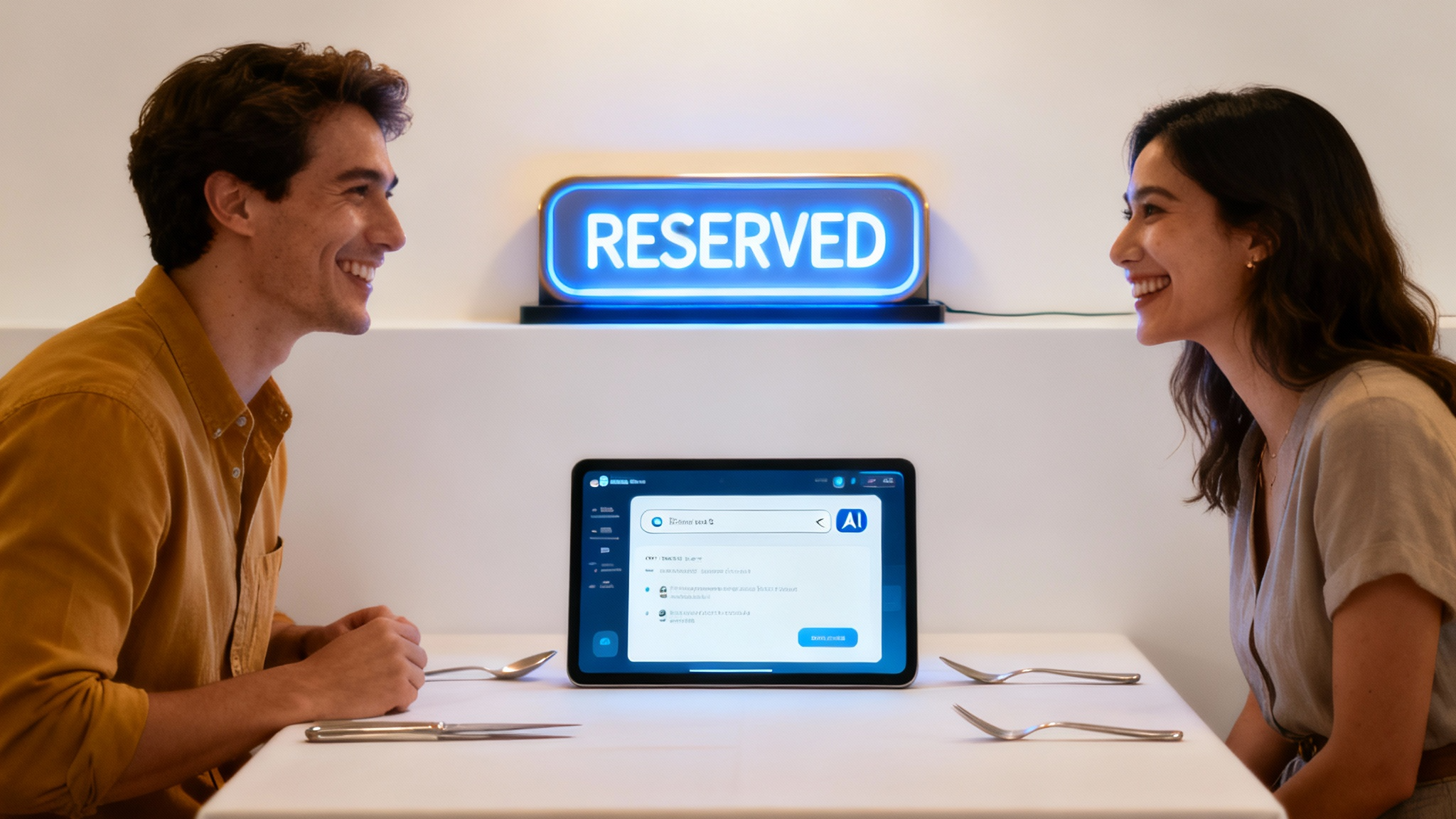 Modern restaurant table with glowing reservation sign, AI interface in search engine window, diners happy