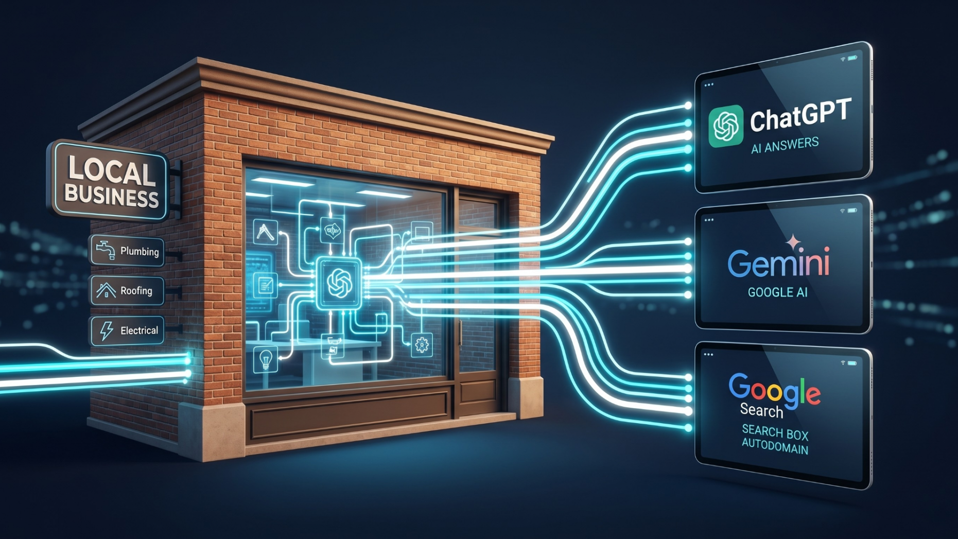 Diagram showing a local storefront sending synced data streams to AI search engines and mobile devices.