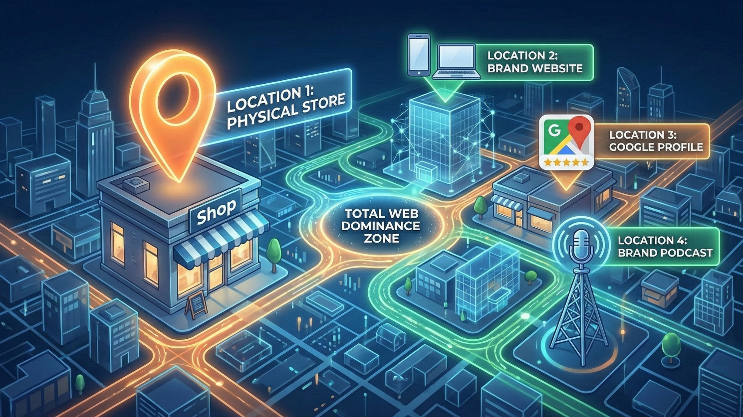 visualizing the four distinct digital "locations" (Physical Store, Brand Website, Google Profile, and Brand Podcast) expanding across a futuristic smart city network, consistently styled with the previous illustrations.