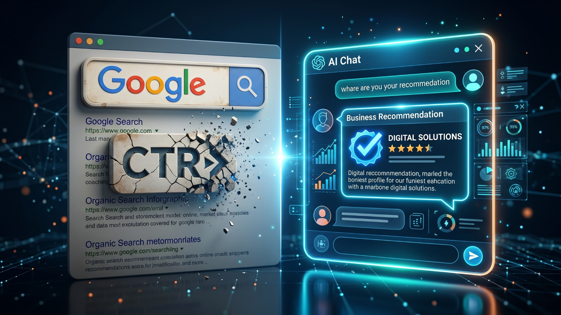 A high-contrast, professional digital marketing graphic. On the left side, a traditional Google search bar with a crumbling "CTR" icon. On the right side, a glowing, futuristic AI chat interface displaying a business being recommended with a bold blue checkmark. 