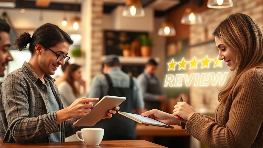 Customers enjoying coffee while using a tablet to submit a glowing 5-star review.