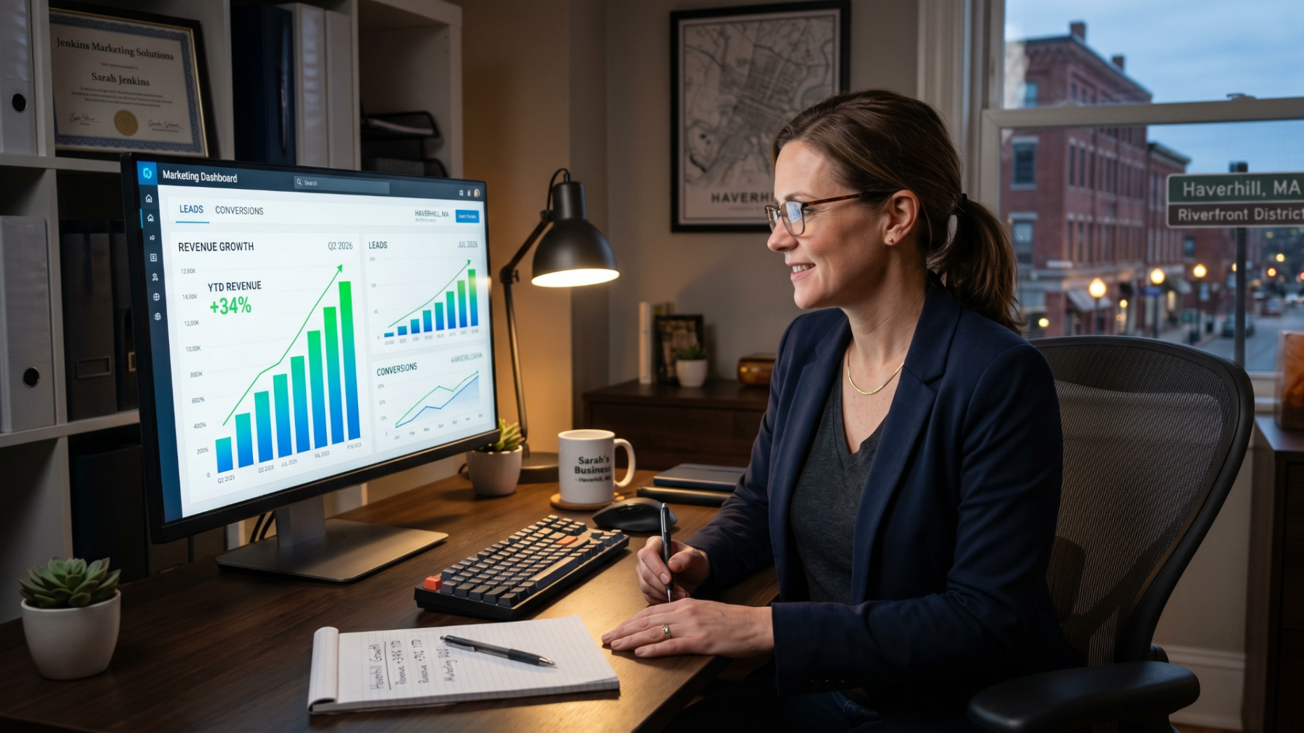 A business owner reviewing clear data growth metrics on an administrative analytics dashboard.