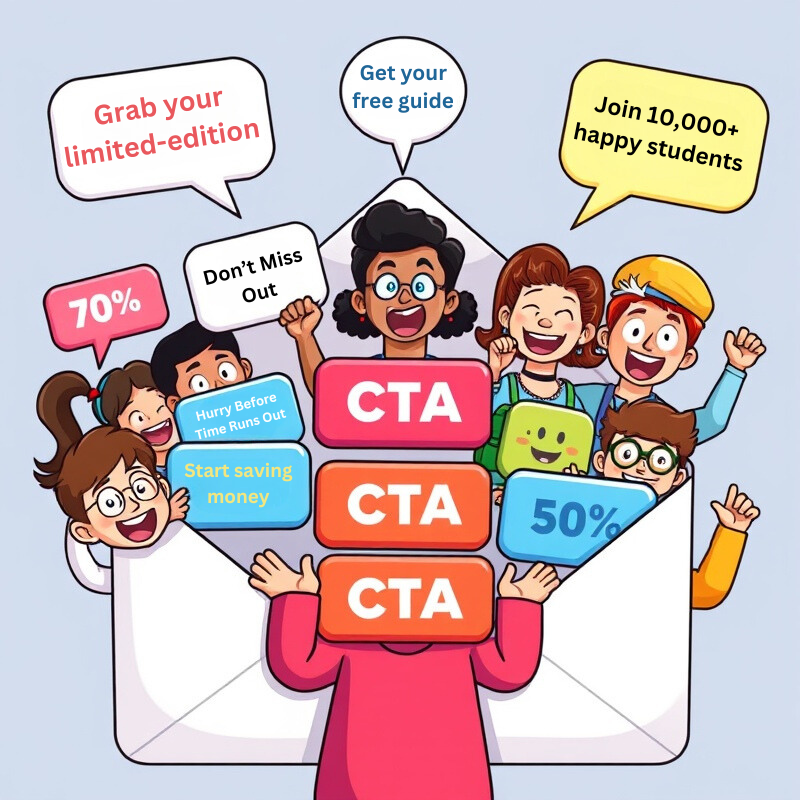 A friendly, diverse group of cartoon characters excitedly clicking on various eye-catching CTA buttons floating in an email-shaped environment, with statistics and tips appearing as speech bubbles.