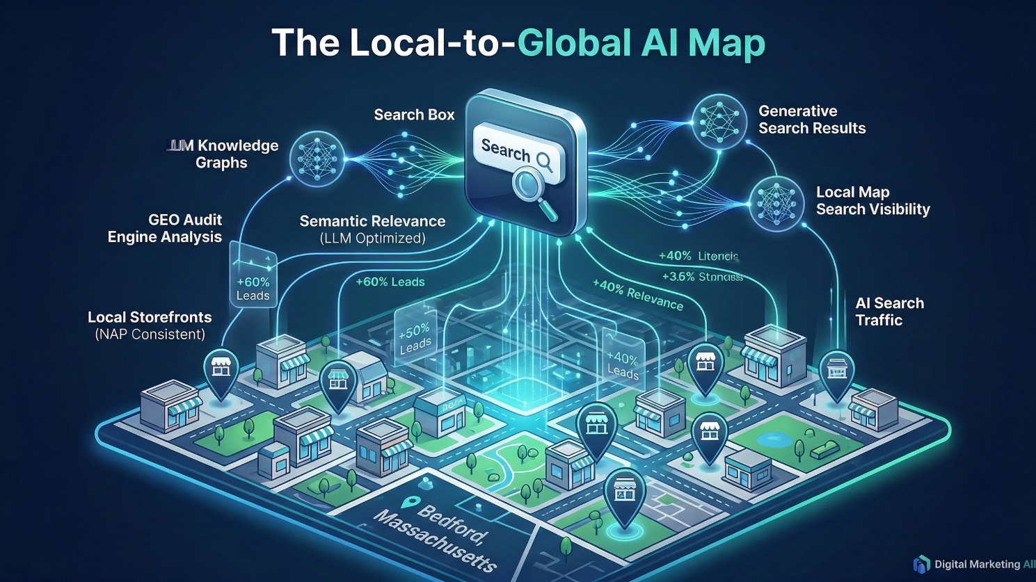 Infographic showing the connection between Local SEO map rankings and AI-driven search visibility.